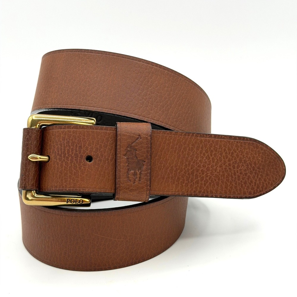 Polo Ralph Lauren Leather Belt Mens Sz 42 (44") Brown Pebbled Brass Pony Preppy